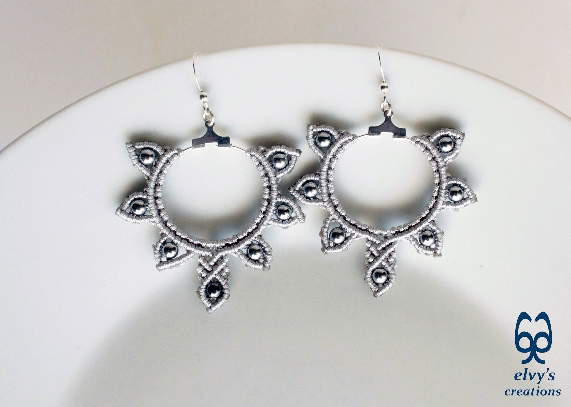 Silver Macrame Hoop Earrings Silver Hematite Gemstones Silver Yin Yang Earrings 