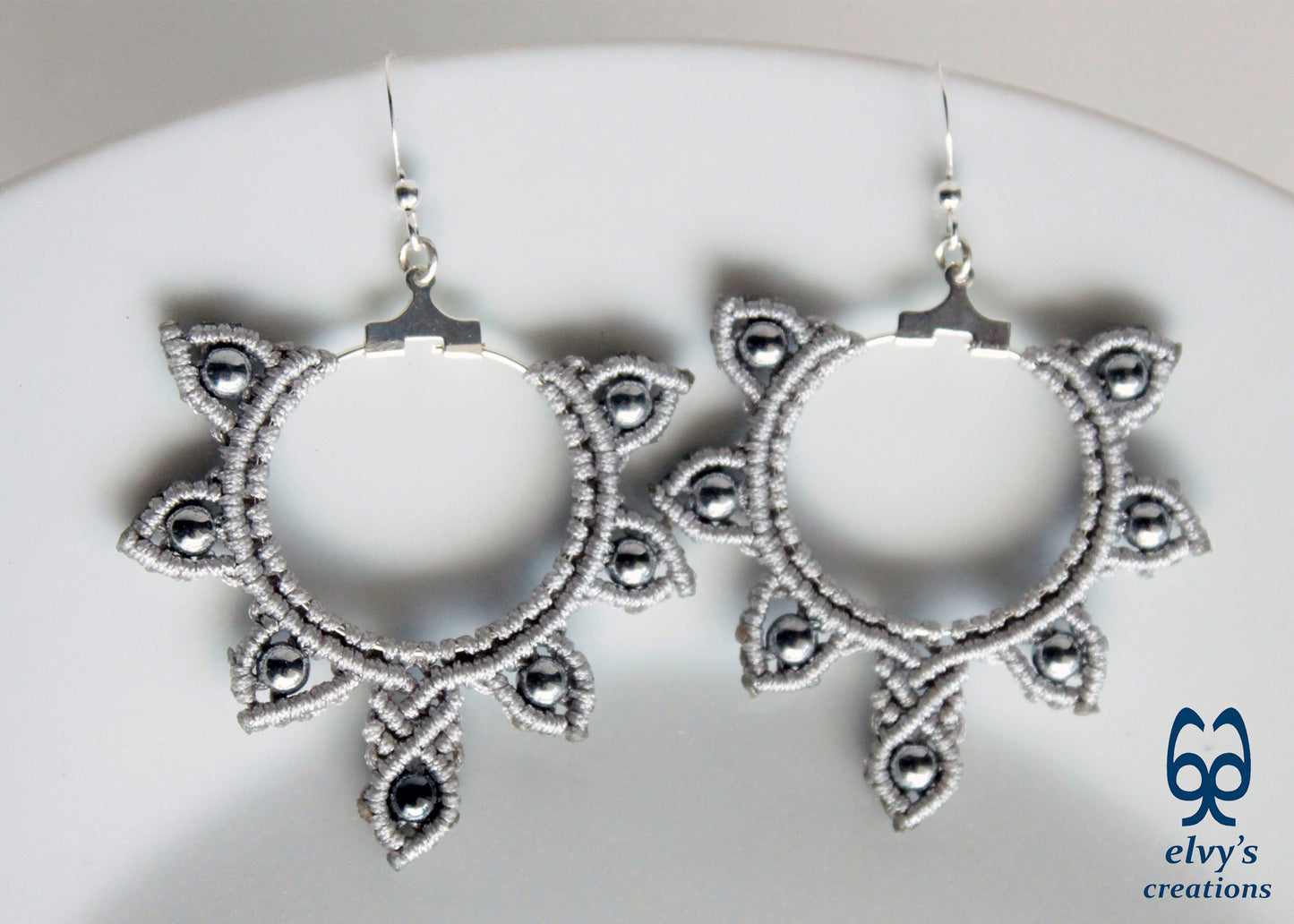 Silver Macrame Hoop Earrings Silver Hematite Gemstones Silver Yin Yang Earrings 