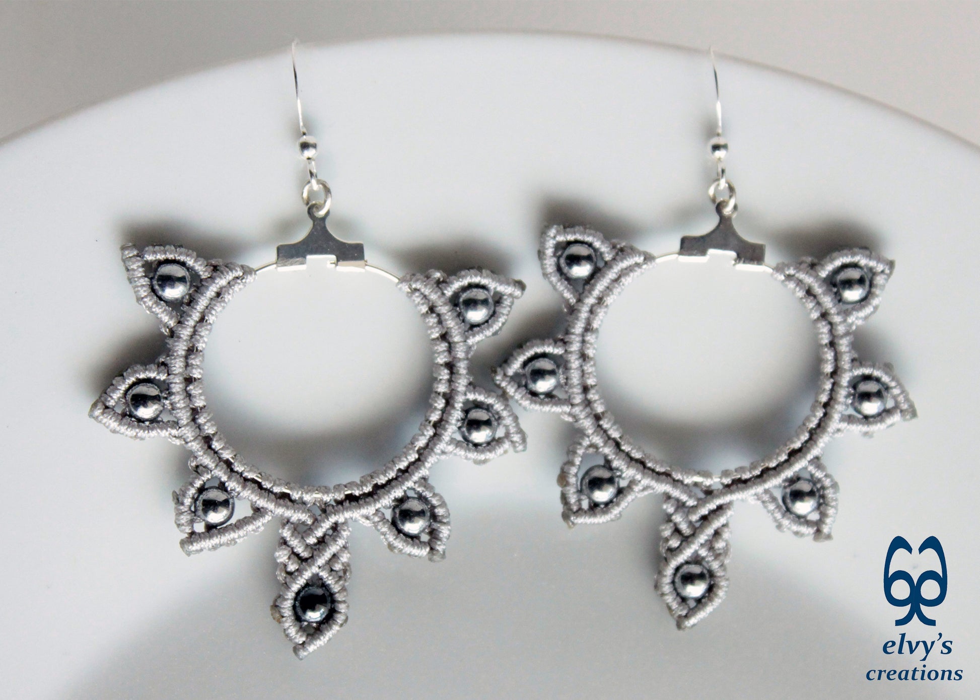 Silver Macrame Hoop Earrings Silver Hematite Gemstones Silver Yin Yang Earrings 