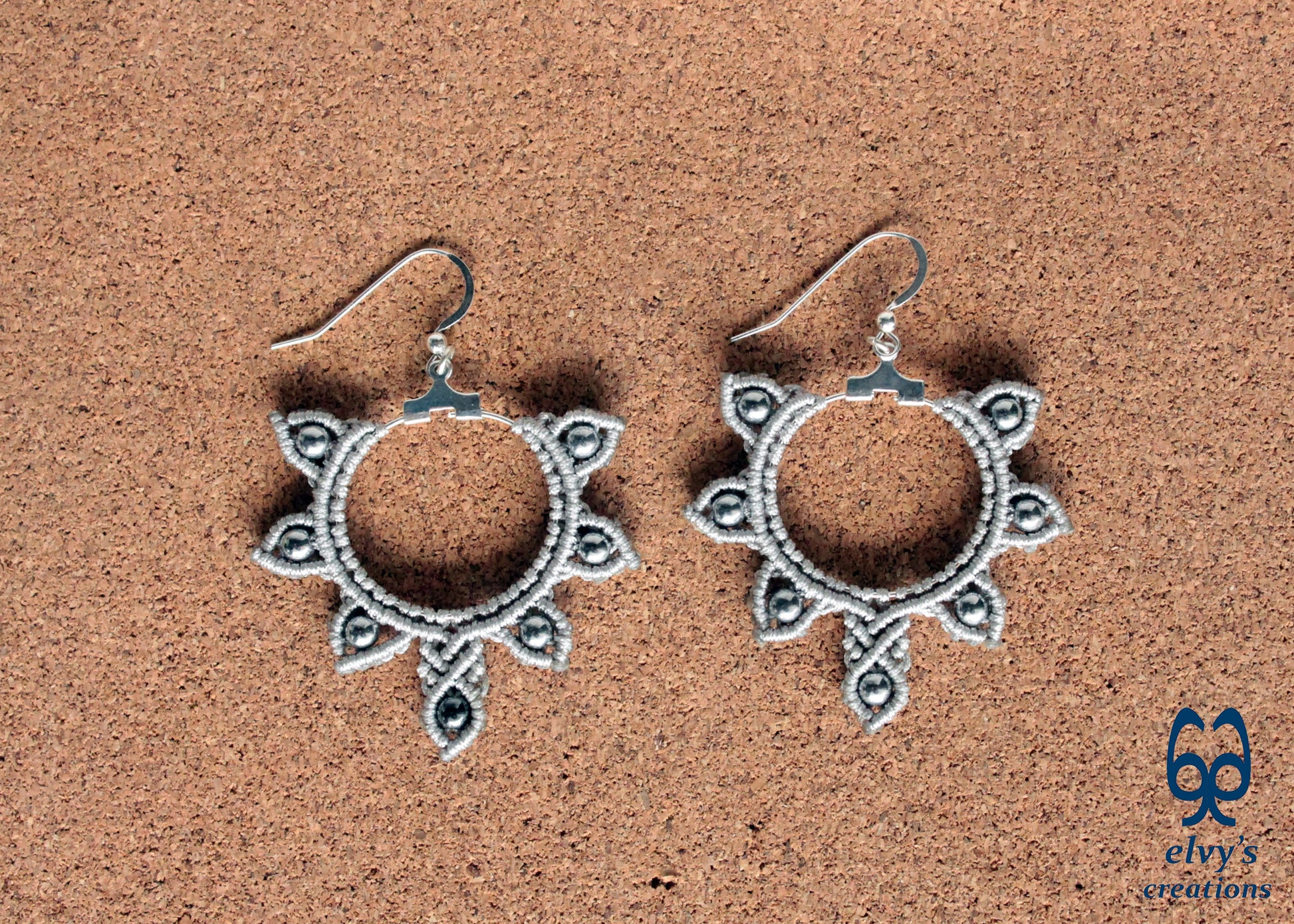 Silver Macrame Hoop Earrings Silver Hematite Gemstones Silver Yin Yang Earrings 
