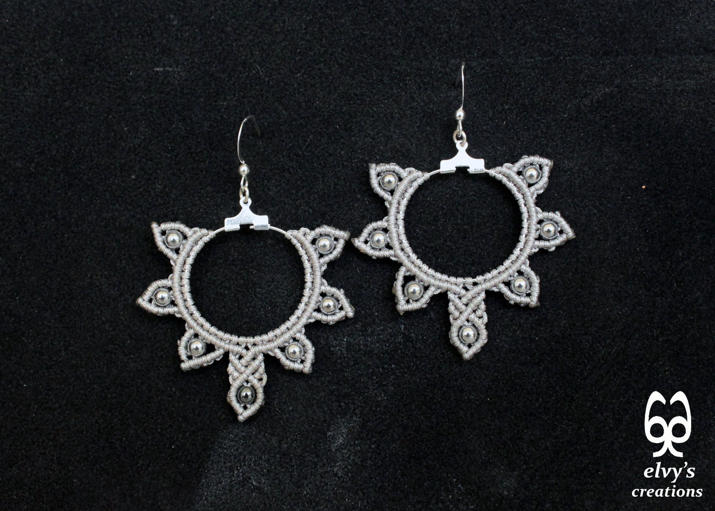 Silver Macrame Hoop Earrings Silver Hematite Gemstones Silver Yin Yang Earrings 