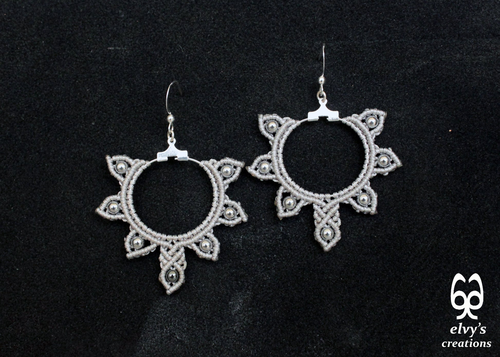 Silver Macrame Hoop Earrings Silver Hematite Gemstones Silver Yin Yang Earrings 