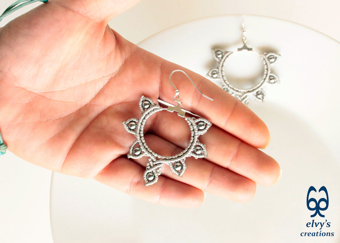 Silver Macrame Hoop Earrings Silver Hematite Gemstones Silver Yin Yang Earrings 