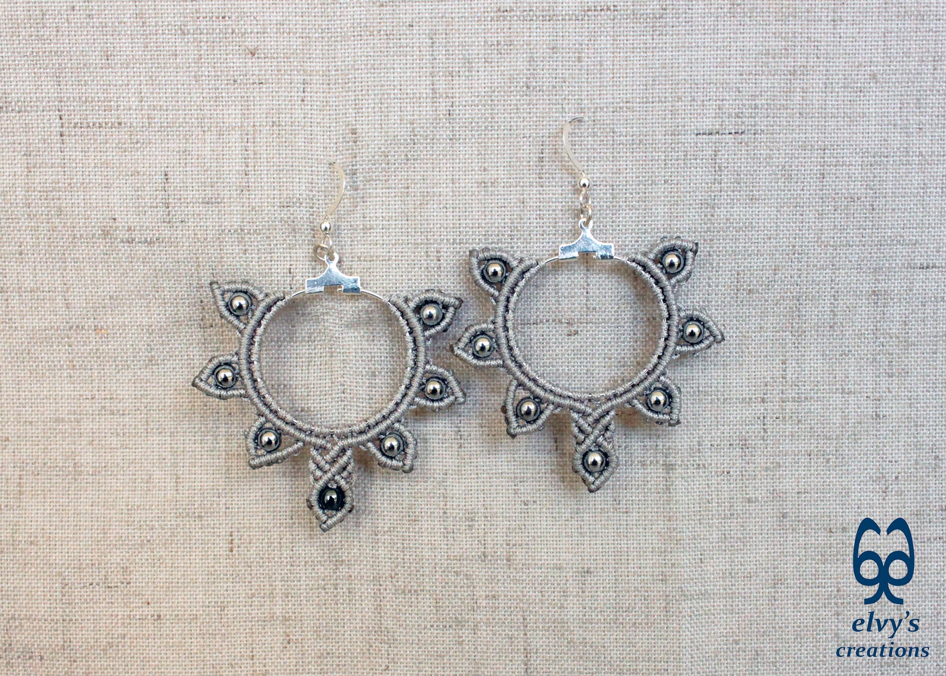 Silver Macrame Hoop Earrings Silver Hematite Gemstones Silver Yin Yang Earrings 