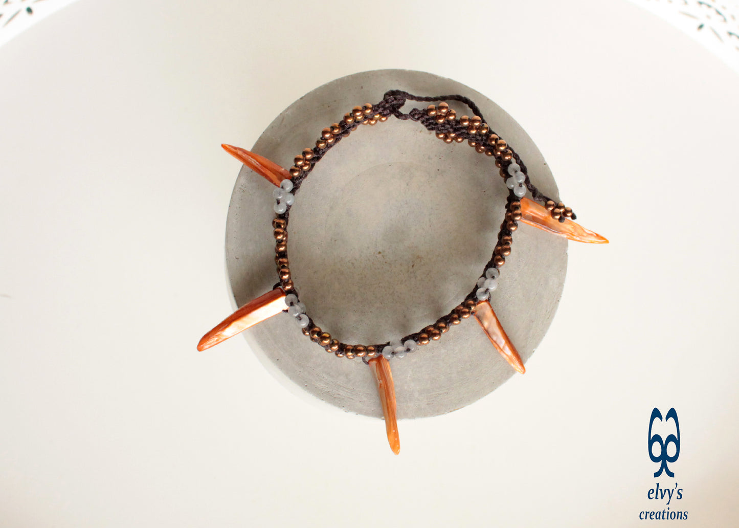 Terracotta Anklet Beaded Bracelet With Bronze Hematite Gray Jade and Orange Sea Shells Macrame Anklet Gift for her 'Starfish'