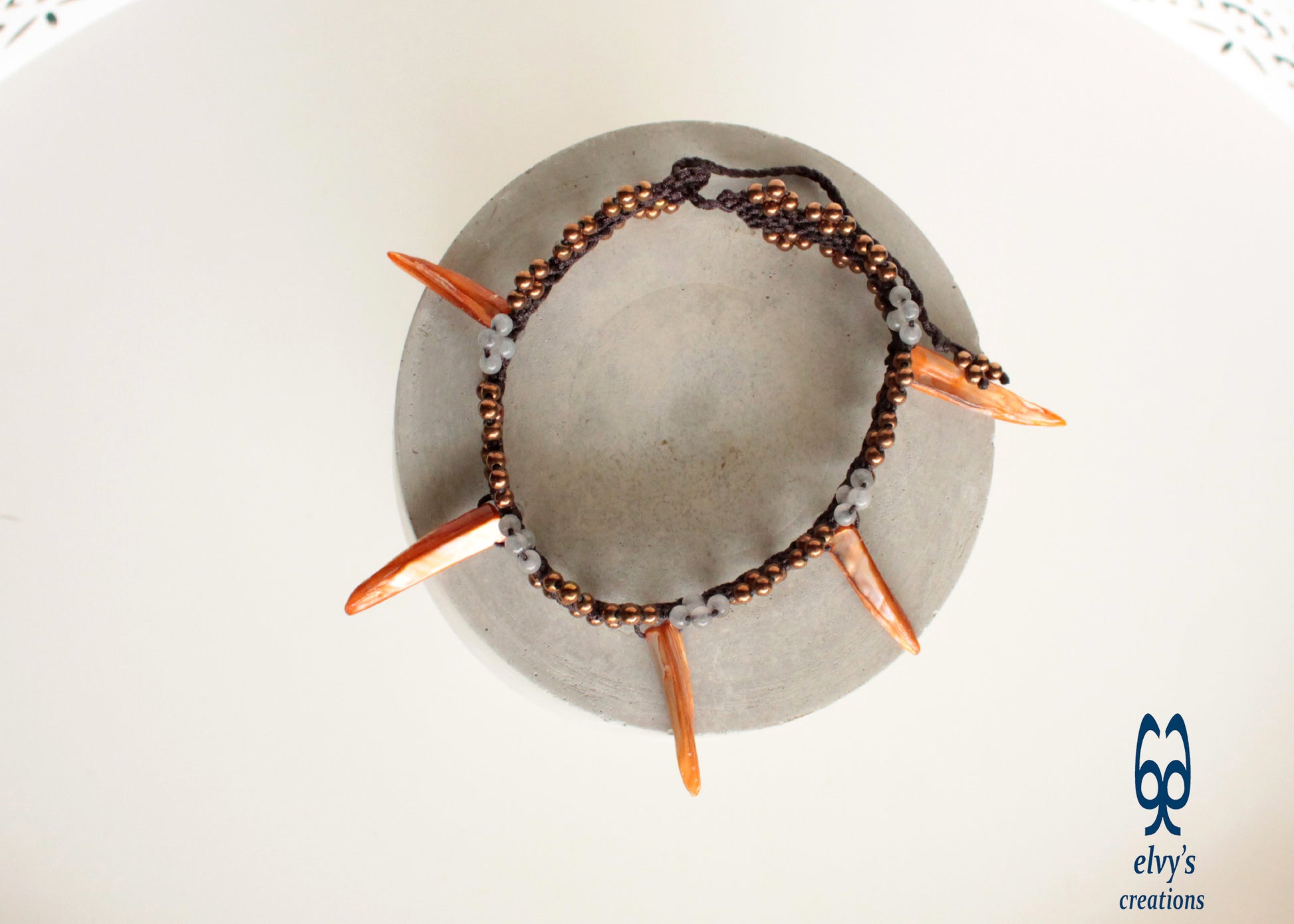 Terracotta Anklet Beaded Bracelet With Bronze Hematite Gray Jade and Orange Sea Shells Macrame Anklet Gift for her 'Starfish'