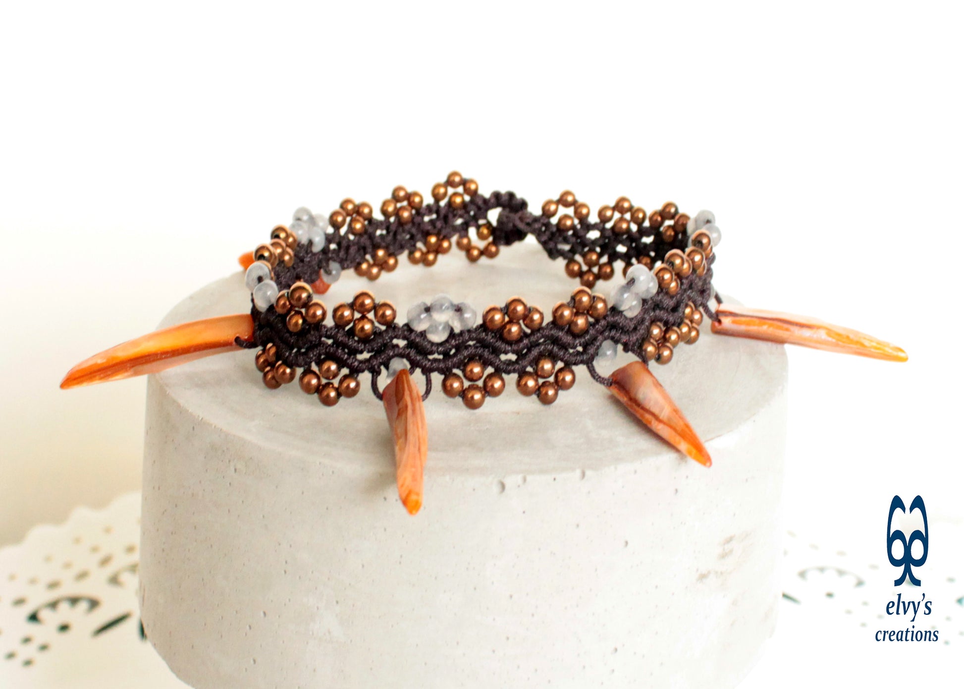 Terracotta Anklet Beaded Bracelet With Bronze Hematite Gray Jade and Orange Sea Shells Macrame Anklet Gift for her 'Starfish'