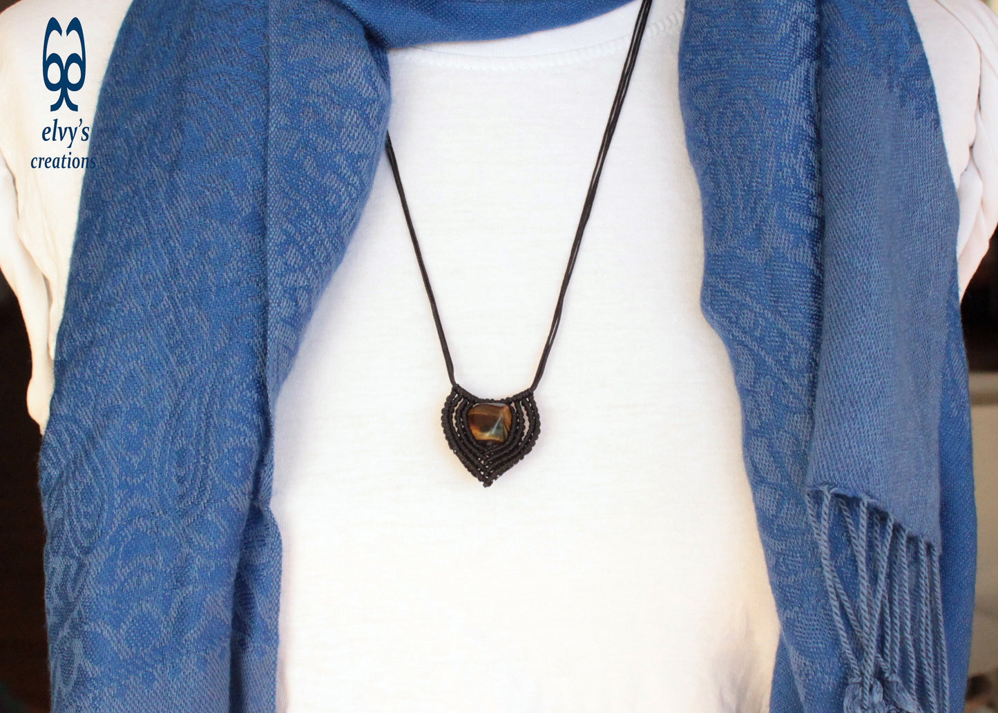 Brown Tiger Eye Macrame Beaded Necklace Heart Shaped Charm