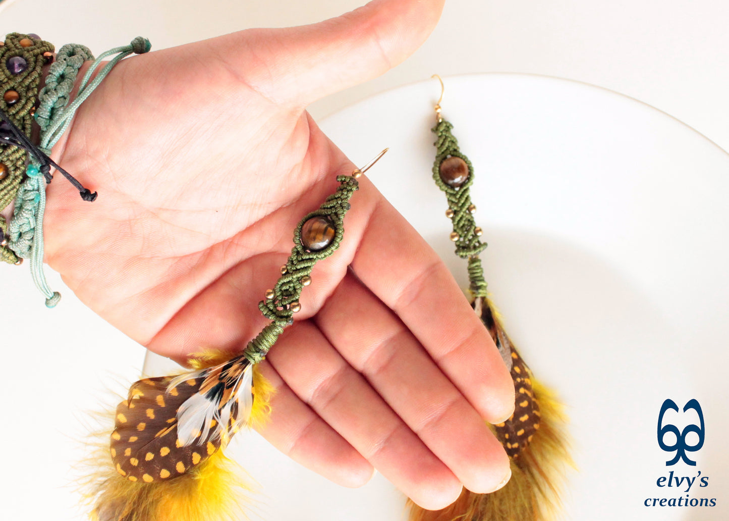 Green Earrings Macrame Beaded Gold Macrame Natural Yellow Feathers Tiger Eye Beaded Boho Earrings for Women