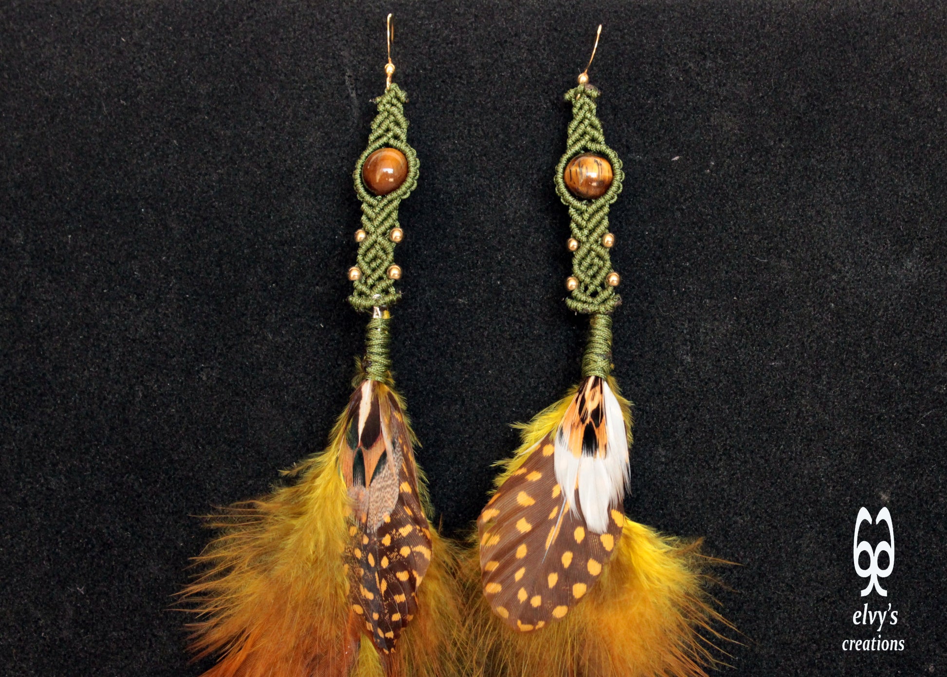 Green Macrame Beaded Gold Macrame Natural Feathers Tiger Eye