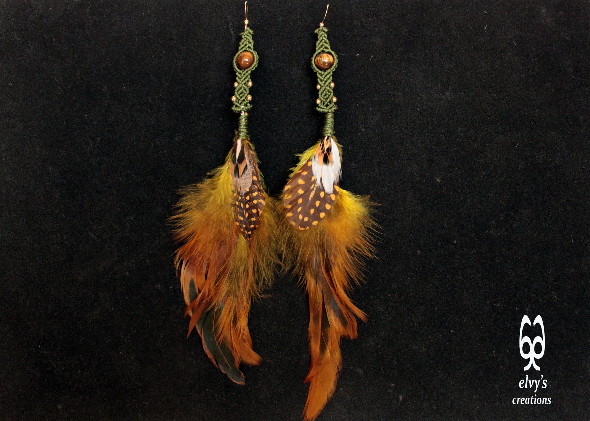 Green Macrame Beaded Gold Macrame Natural Feathers Tiger Eye