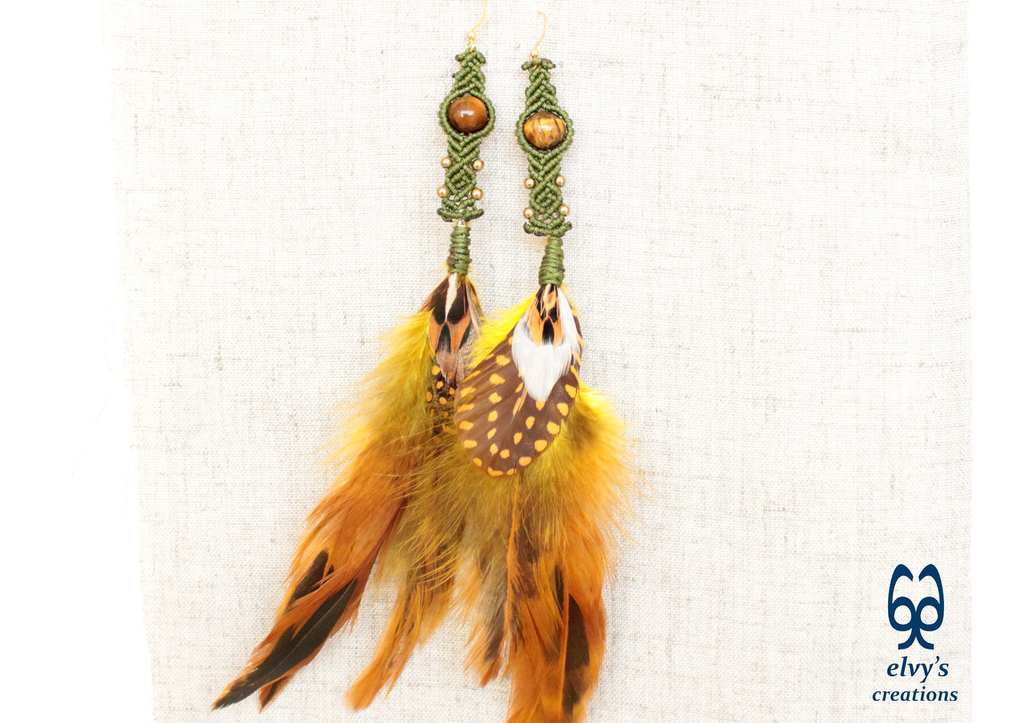 Green Macrame Beaded Purple Gold Macrame Natural Feathers Tiger Eye Beaded Boho Earrings for Women