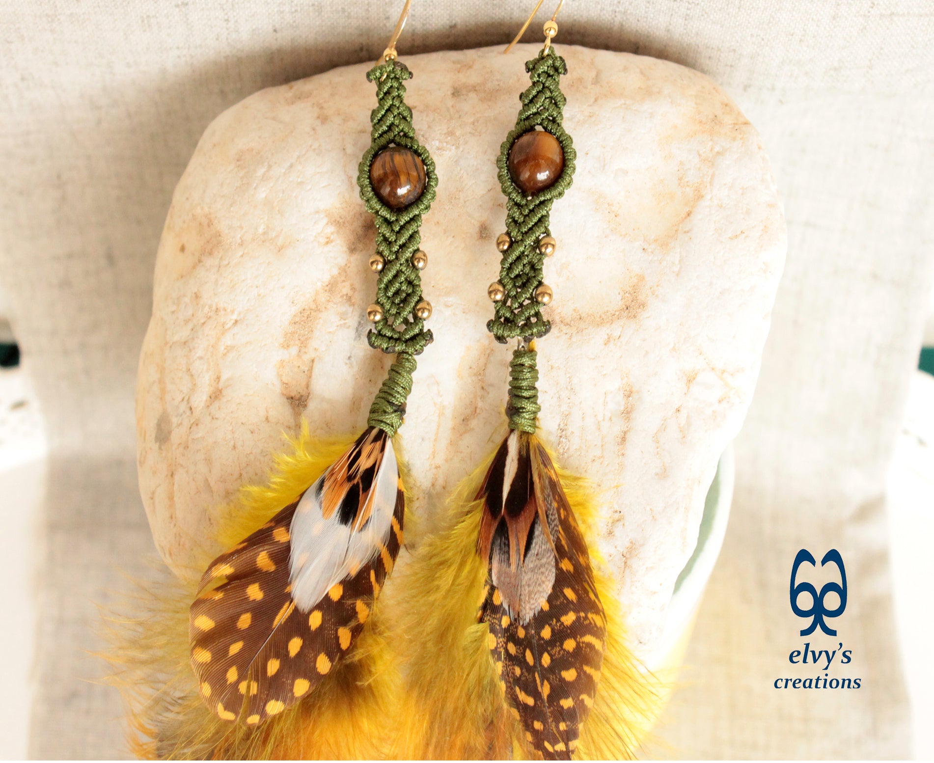 Green Macrame Beaded Purple Gold Macrame Natural Feathers Tiger Eye Beaded Boho Earrings for Women