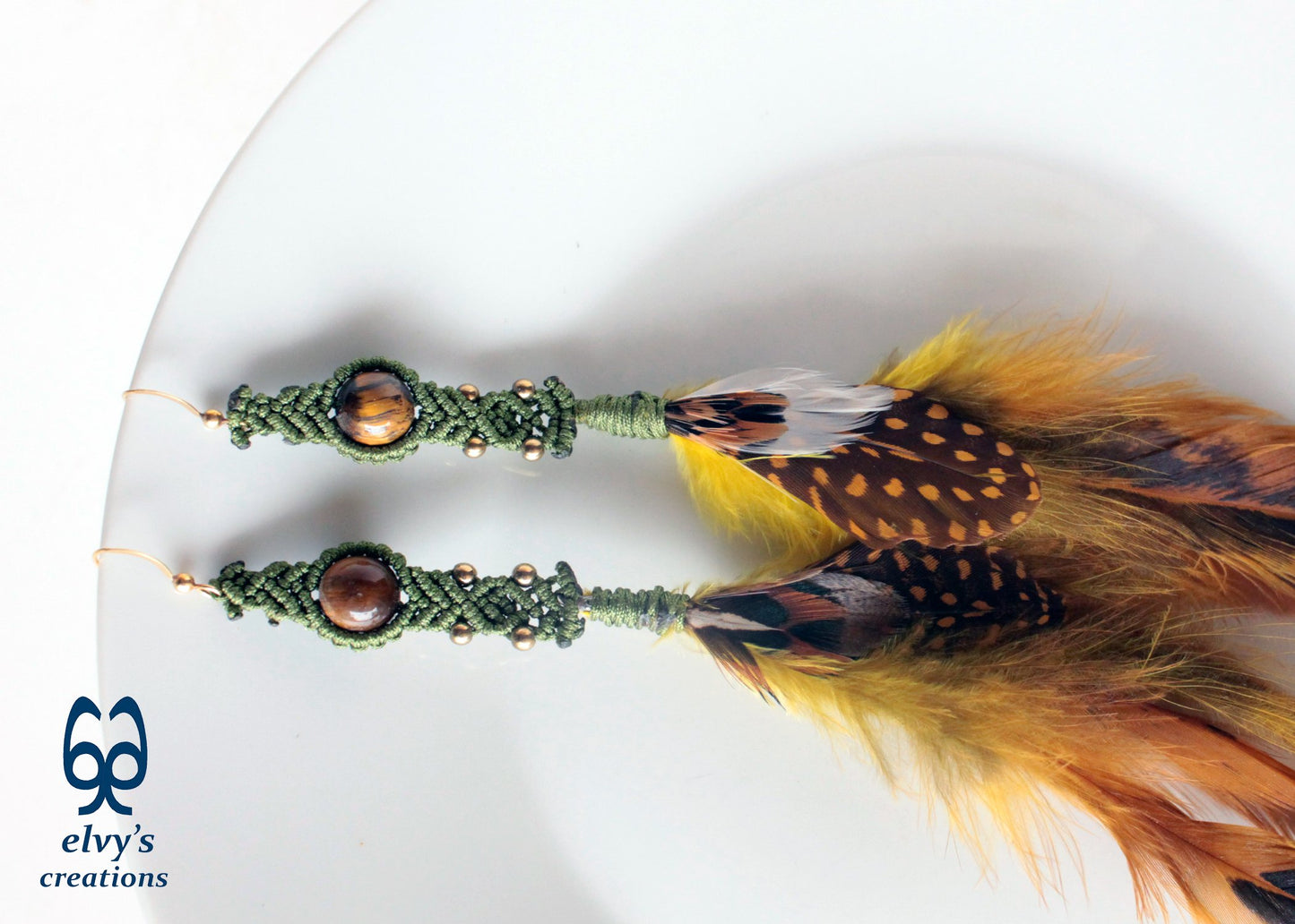 Green Earrings Macrame Beaded Gold Macrame Natural Yellow Feathers Tiger Eye Beaded Boho Earrings for Women