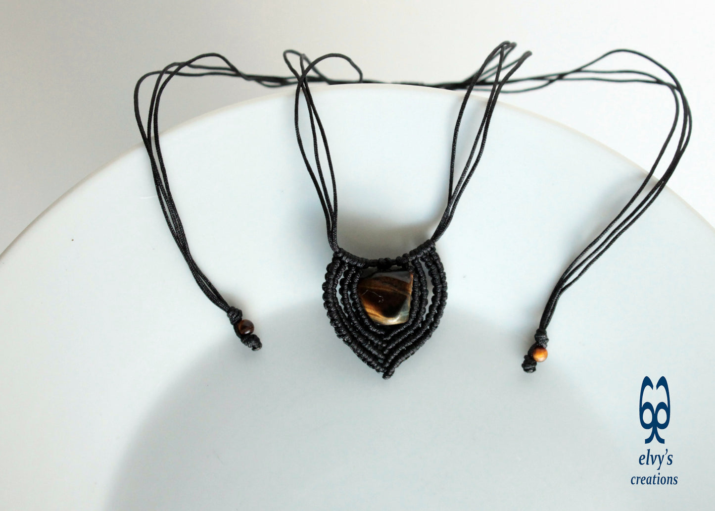 Brown Tiger Eye Macrame Beaded Necklace Heart Shaped Charm