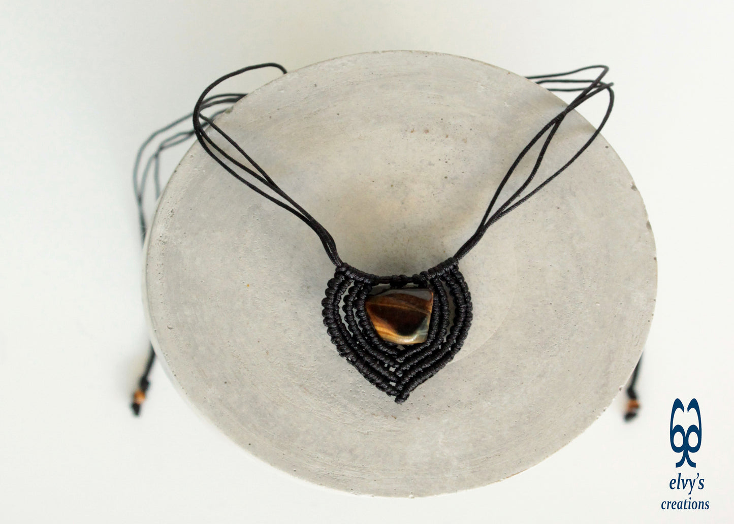 Brown Tiger Eye Macrame Beaded Necklace Heart Shaped Charm