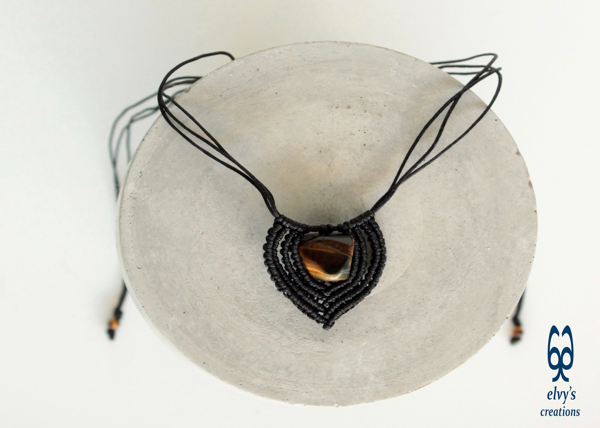 Brown Tiger Eye Macrame Beaded Necklace Heart Shaped Charm