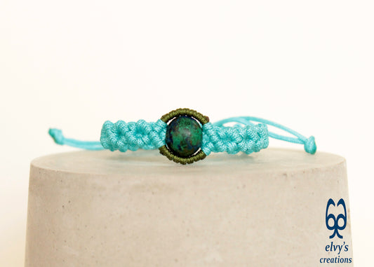 Handmade Macrame Bracelet Turquoise Amazonite Bead Waterproof Blue Adjustable Cuff for Men and Women