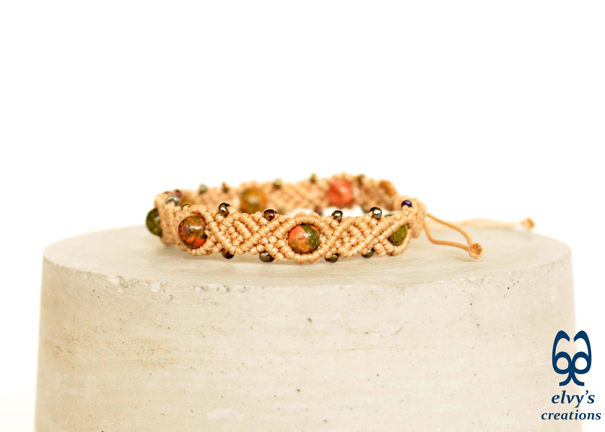 Beige Macrame Green Jasper Natural Gemstones Boho Beaded Bracelet for Women 