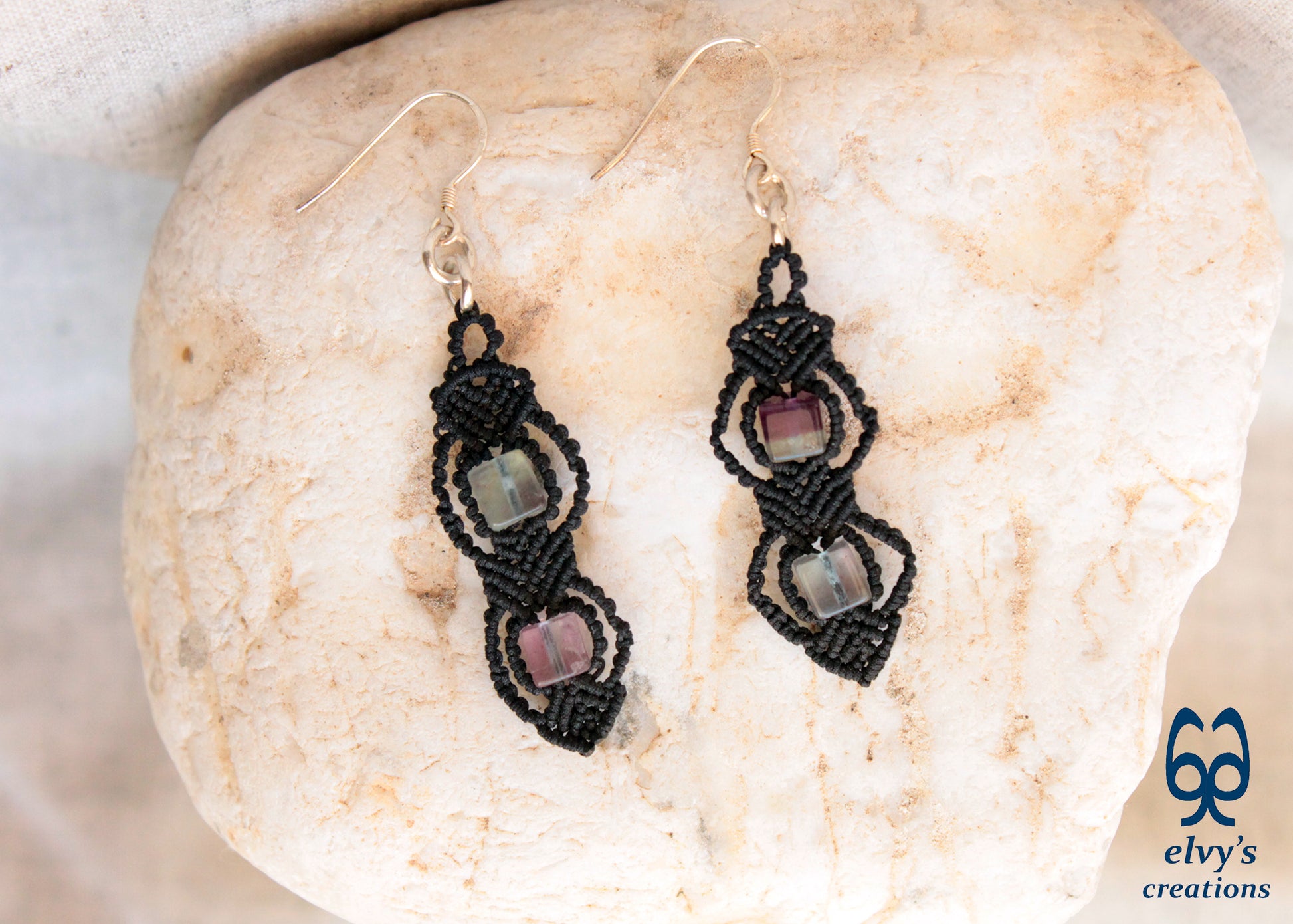 Handmade Silver Macrame Earrings,Fluorite Gemstone Beaded Earrings,Birthday Gift for Women