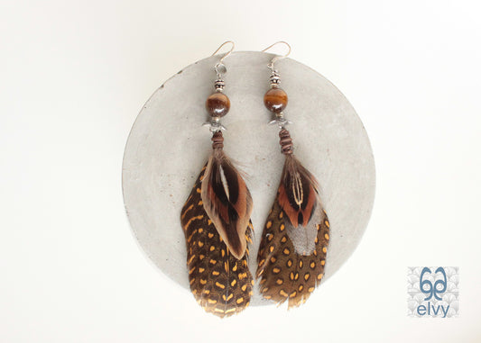 Brown and Yellow Tribal Earrings Tiger Eye Dangle with Natural Feather and Sterling Silver Elements - ElvysCreations