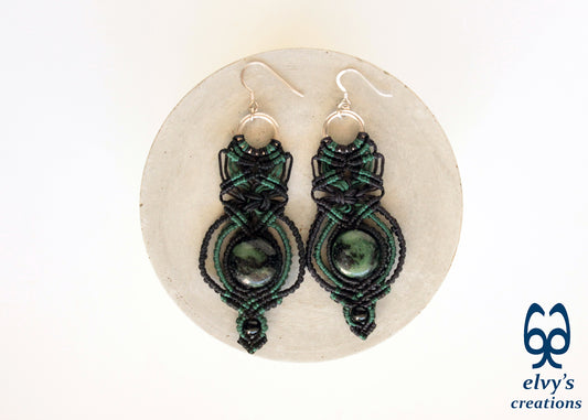 Black and Green Macrame Earrings with Onyx and Labradorite Gemstones