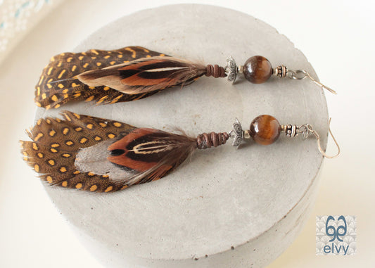 Brown and Yellow Tribal Earrings Tiger Eye Dangle with Natural Feather and Sterling Silver Elements - ElvysCreations