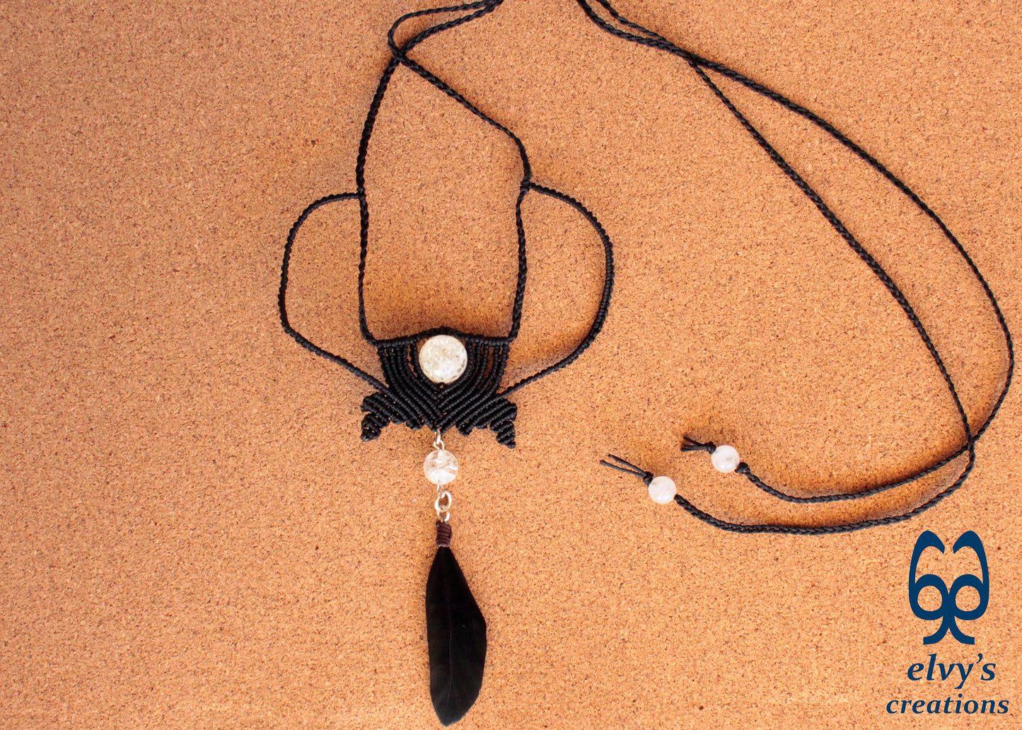 Black Macrame Necklace with Crystal Quartz Gemstone and Black Feather Black Festival Woven Beaded Necklace Gift for Her 