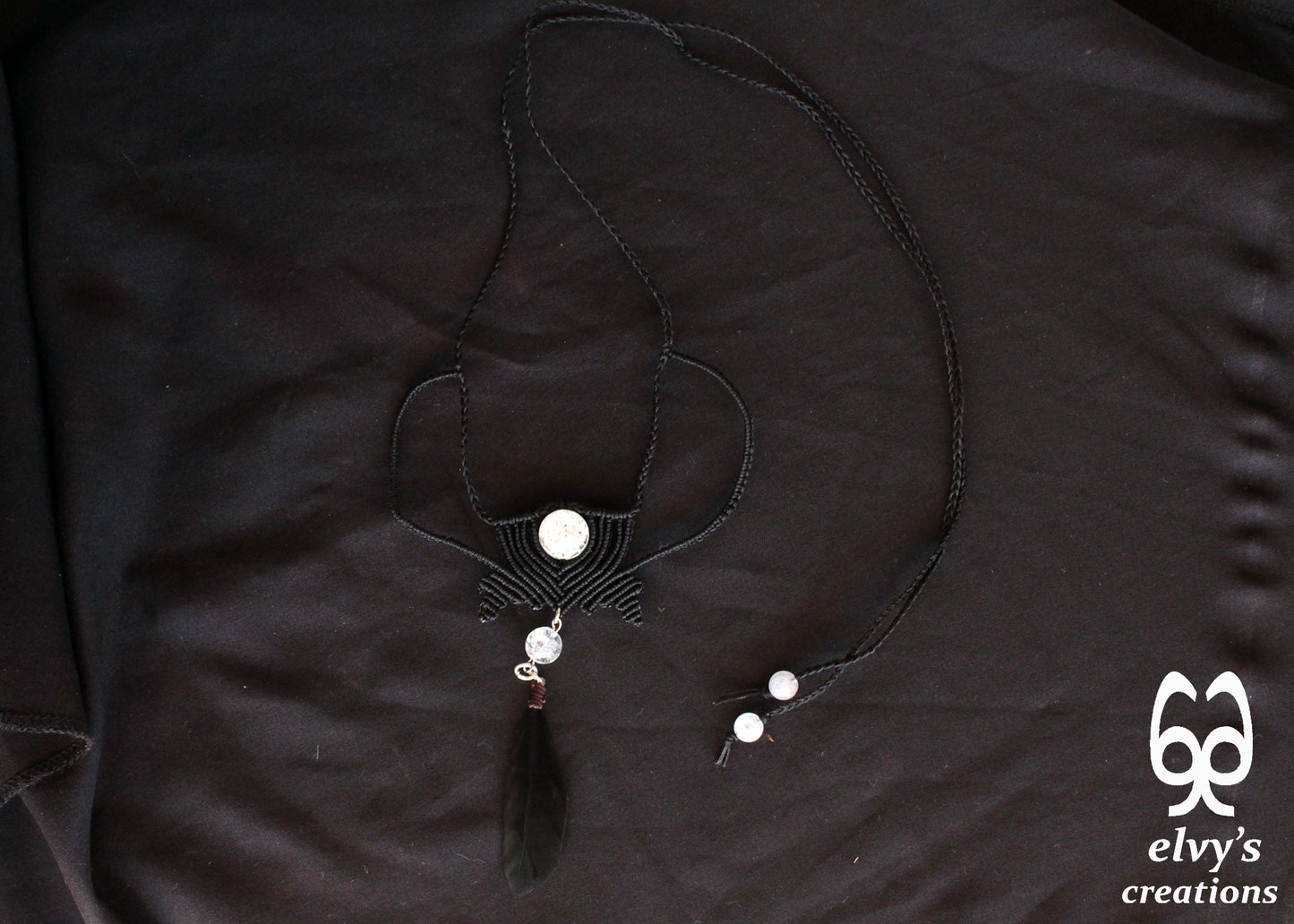 Black Macrame Necklace with Crystal Quartz Gemstone and Black Feather Black Festival Woven Beaded Necklace Gift for Her 