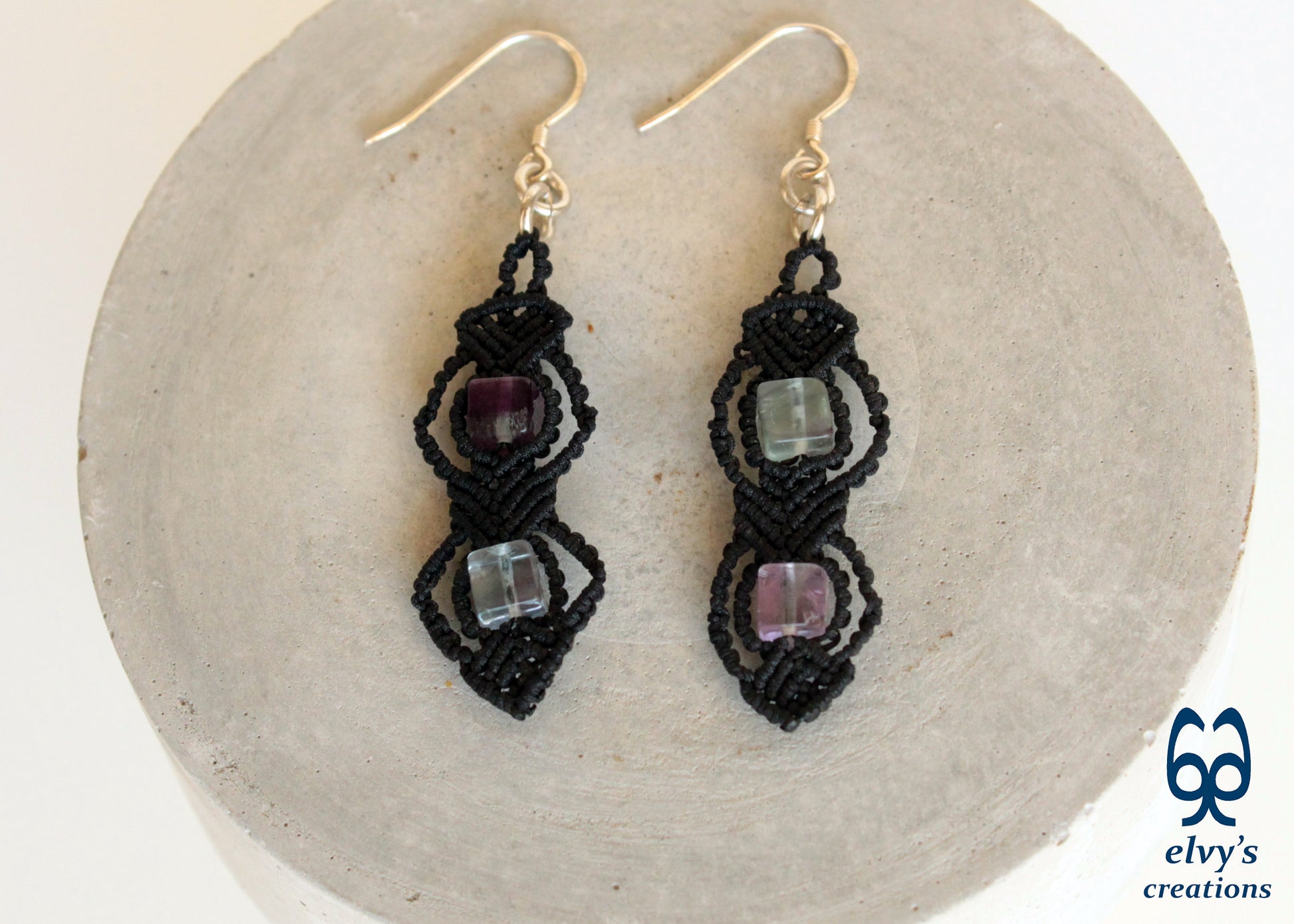 Handmade Silver Macrame Earrings,Fluorite Gemstone Beaded Earrings,Birthday Gift for Women