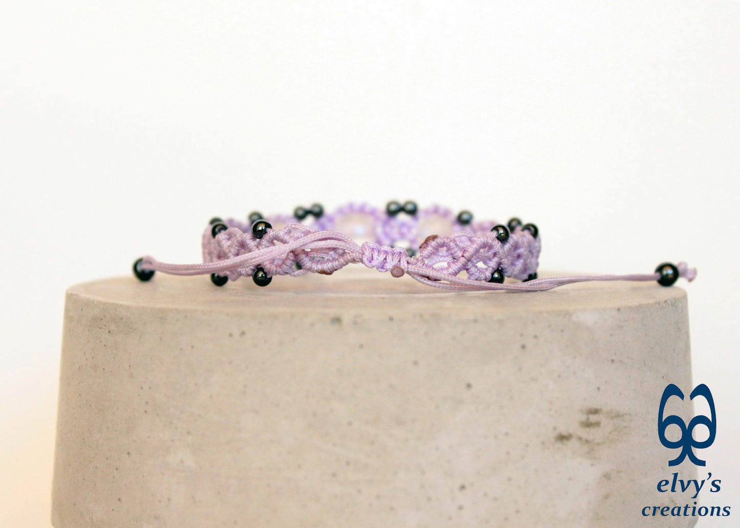 Purple Beaded Macrame Cuff Bracelet With White and Blue Quartz and Gray Hematite Gemstones Bracelet Gift for her