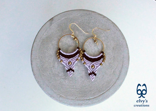 Purple and Black Macrame Earrings Gold Hematite Gemstones Hoop Earrings