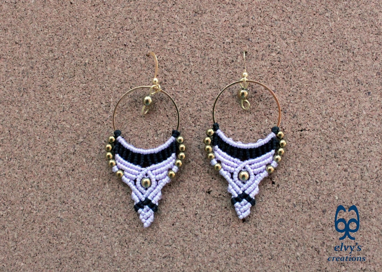 Purple and Black Macrame Earrings Gold Hematite Gemstones Hoop Earrings