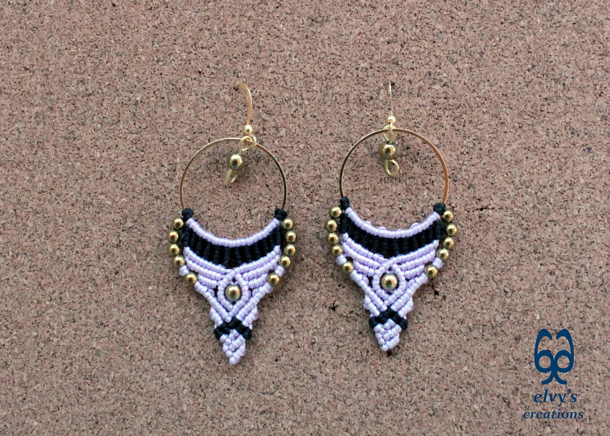 Purple and Black Macrame Earrings Gold Hematite Gemstones Hoop Earrings