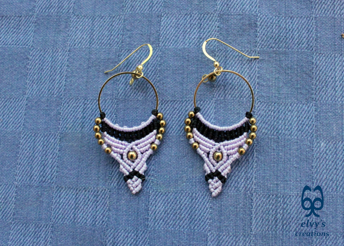 Purple and Black Macrame Earrings Gold Hematite Gemstones Hoop Earrings