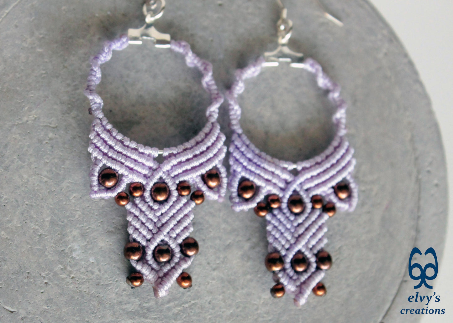 Lavender Purple Macrame Hoop Earrings with Bronze Hematite Gemstones Dangle and Drop Earrings Purple Macrame Hoop Earrings