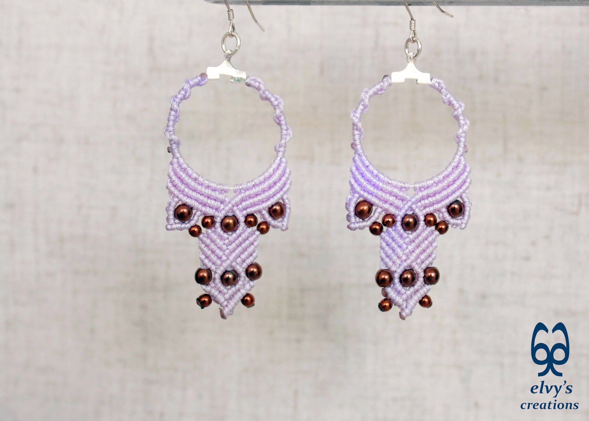 Lavender Purple Macrame Hoop Earrings with Bronze Hematite Gemstones Dangle and Drop Earrings Purple Macrame Hoop Earrings