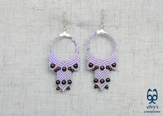 Lavender Purple Macrame Hoop Earrings with Bronze Hematite Gemstones Dangle and Drop Earrings Purple Macrame Hoop Earrings