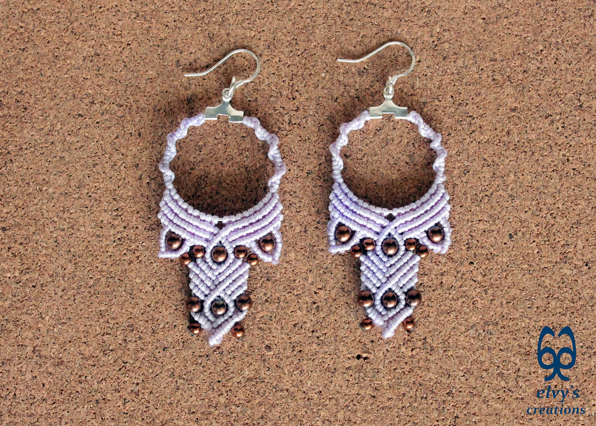 Lavender Purple Macrame Hoop Earrings with Bronze Hematite Gemstones Dangle and Drop Earrings Purple Macrame Hoop Earrings