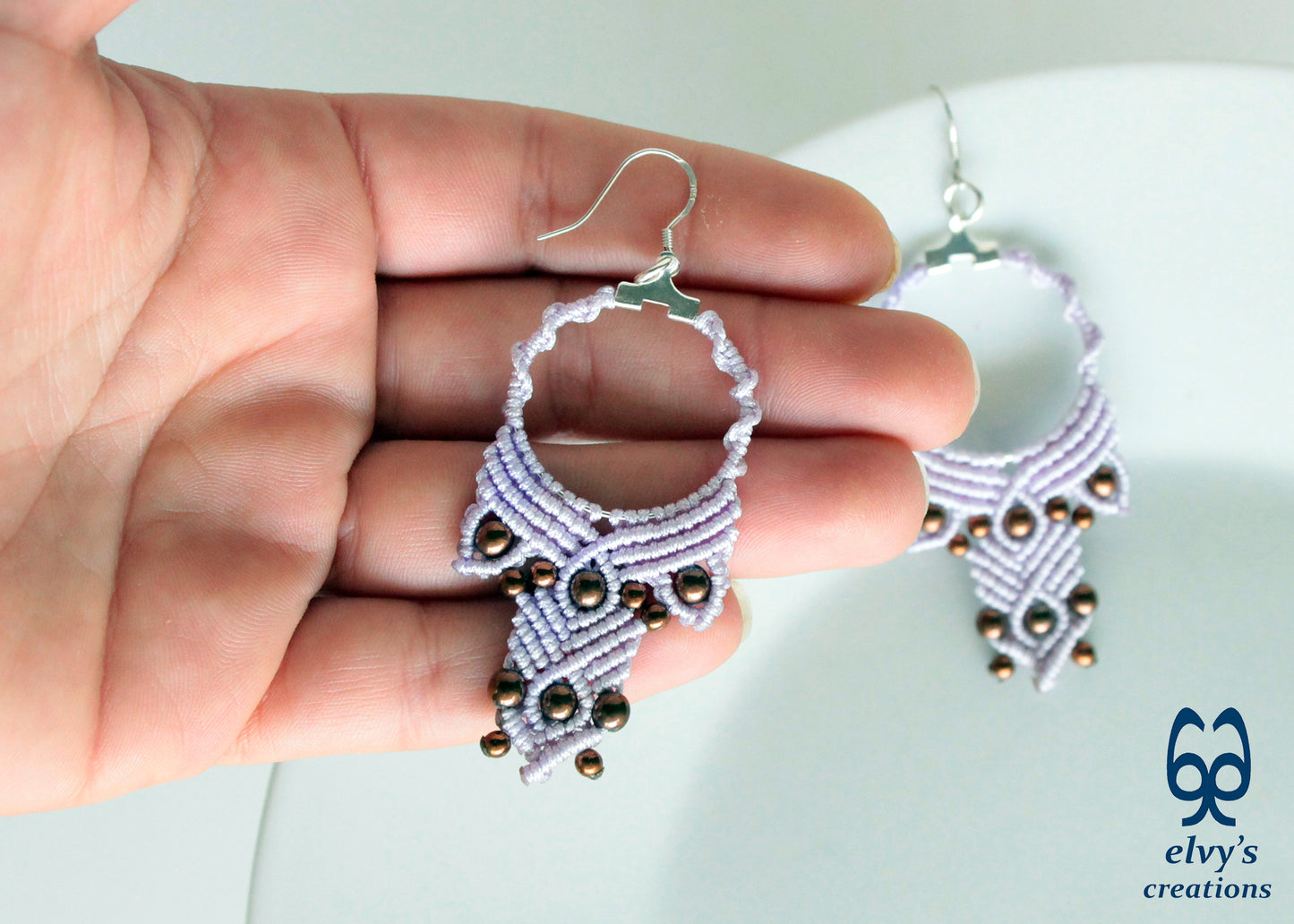 Lavender Purple Macrame Hoop Earrings with Bronze Hematite Gemstones Dangle and Drop Earrings Purple Macrame Hoop Earrings