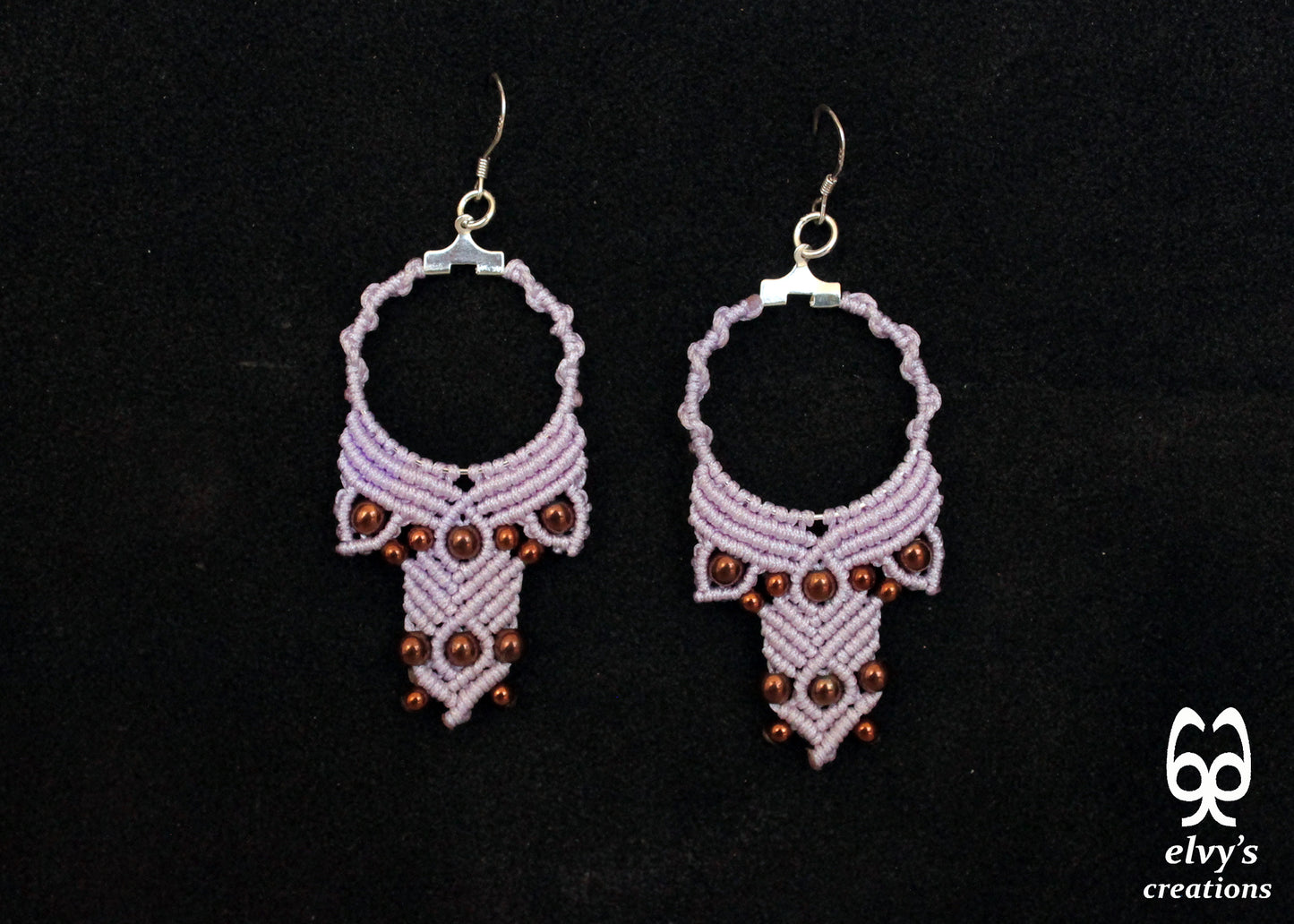 Lavender Purple Macrame Hoop Earrings with Bronze Hematite Gemstones Dangle and Drop Earrings Purple Macrame Hoop Earrings