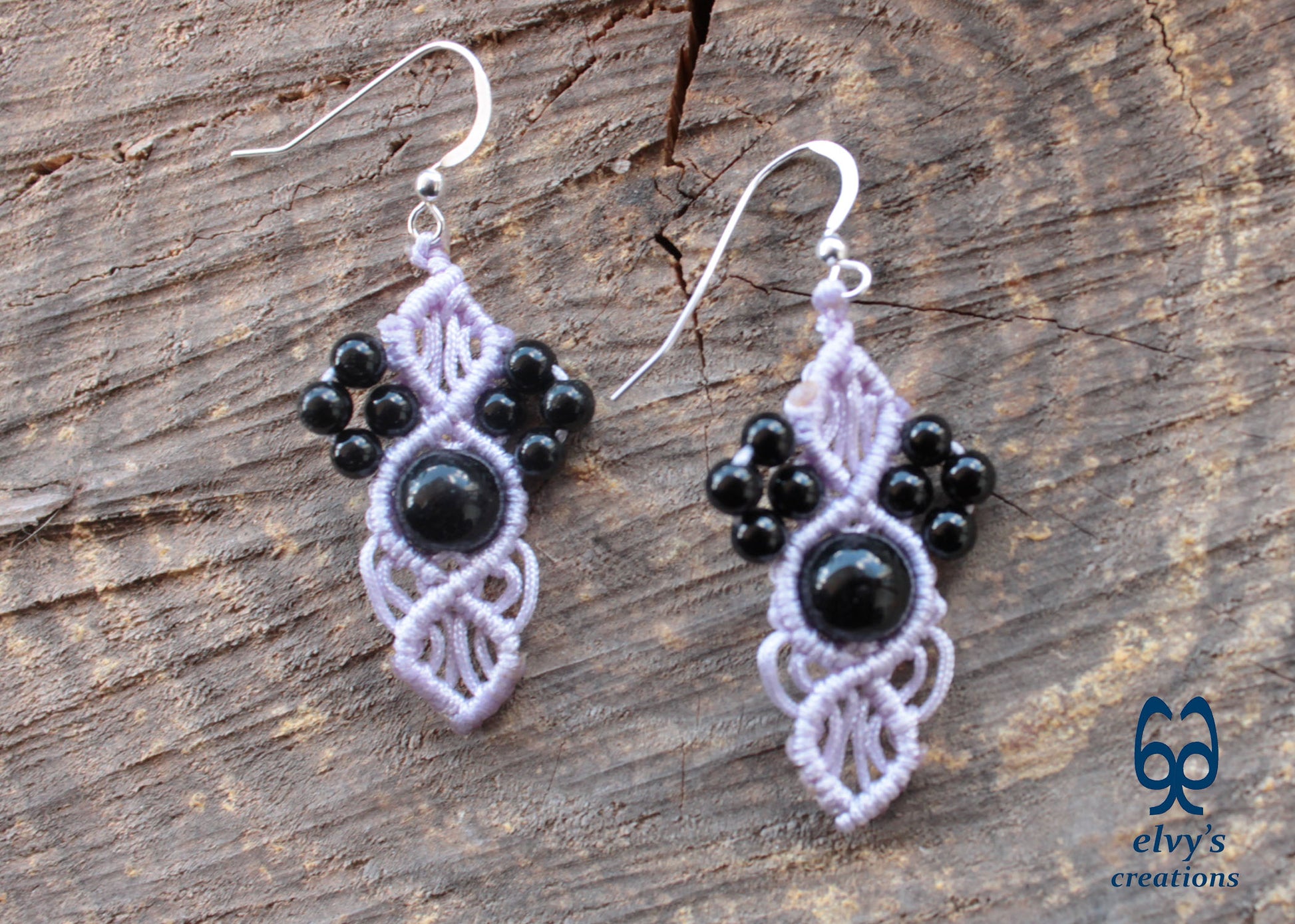 Handmade Grey Macramé Earrings with Black Onyx Gemstones, Silver Macramé Bohemian Earrings