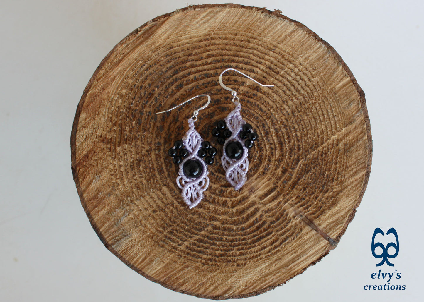 Handmade Grey Macramé Earrings with Black Onyx Gemstones, Silver Macramé Bohemian Earrings