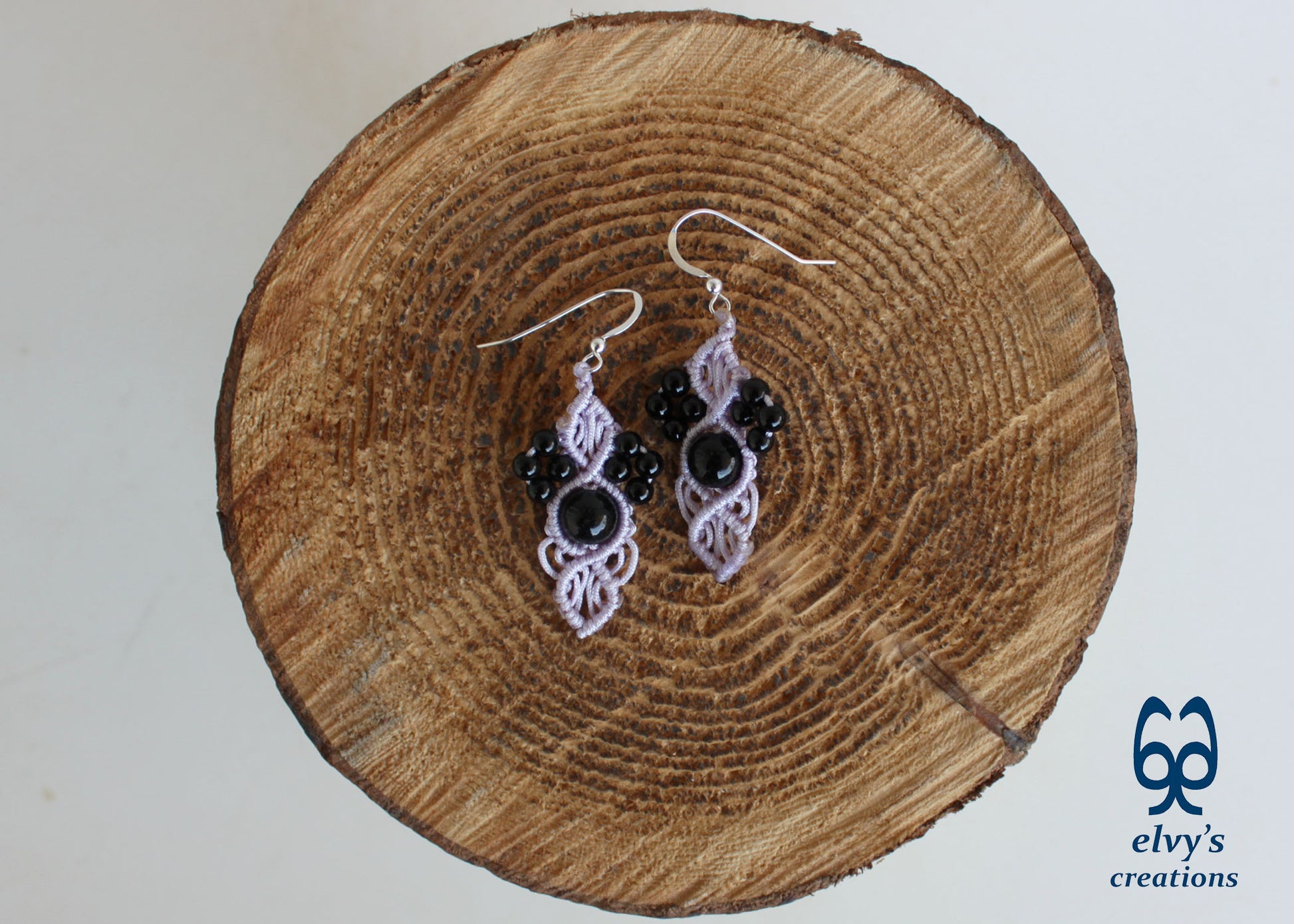 Handmade Grey Macramé Earrings with Black Onyx Gemstones, Silver Macramé Bohemian Earrings