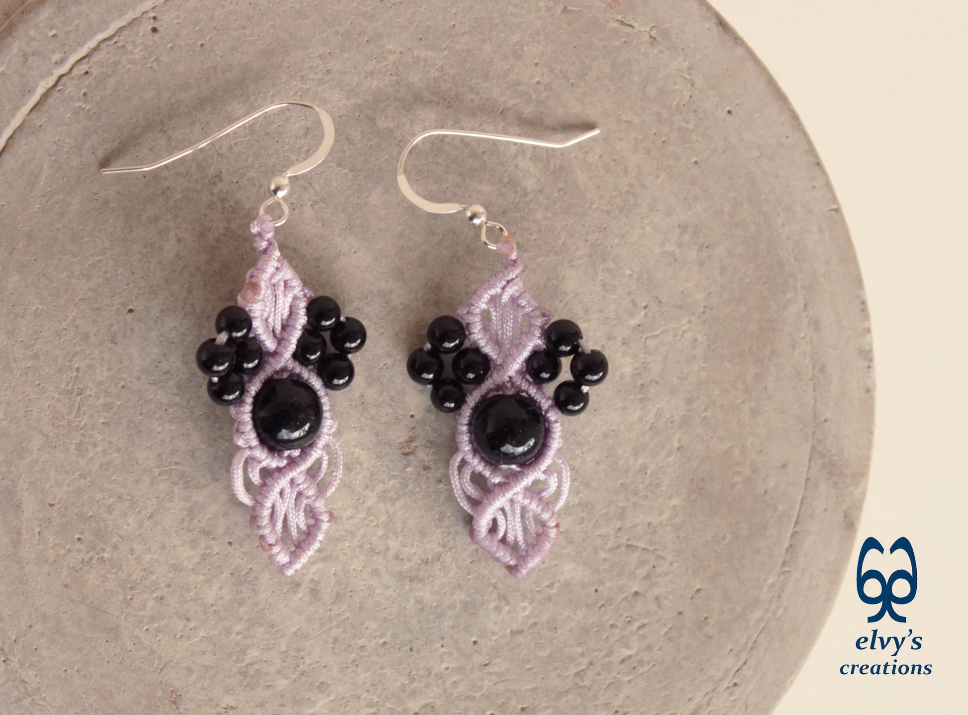 Handmade Grey Macramé Earrings with Black Onyx Gemstones, Silver Macramé Bohemian Earrings