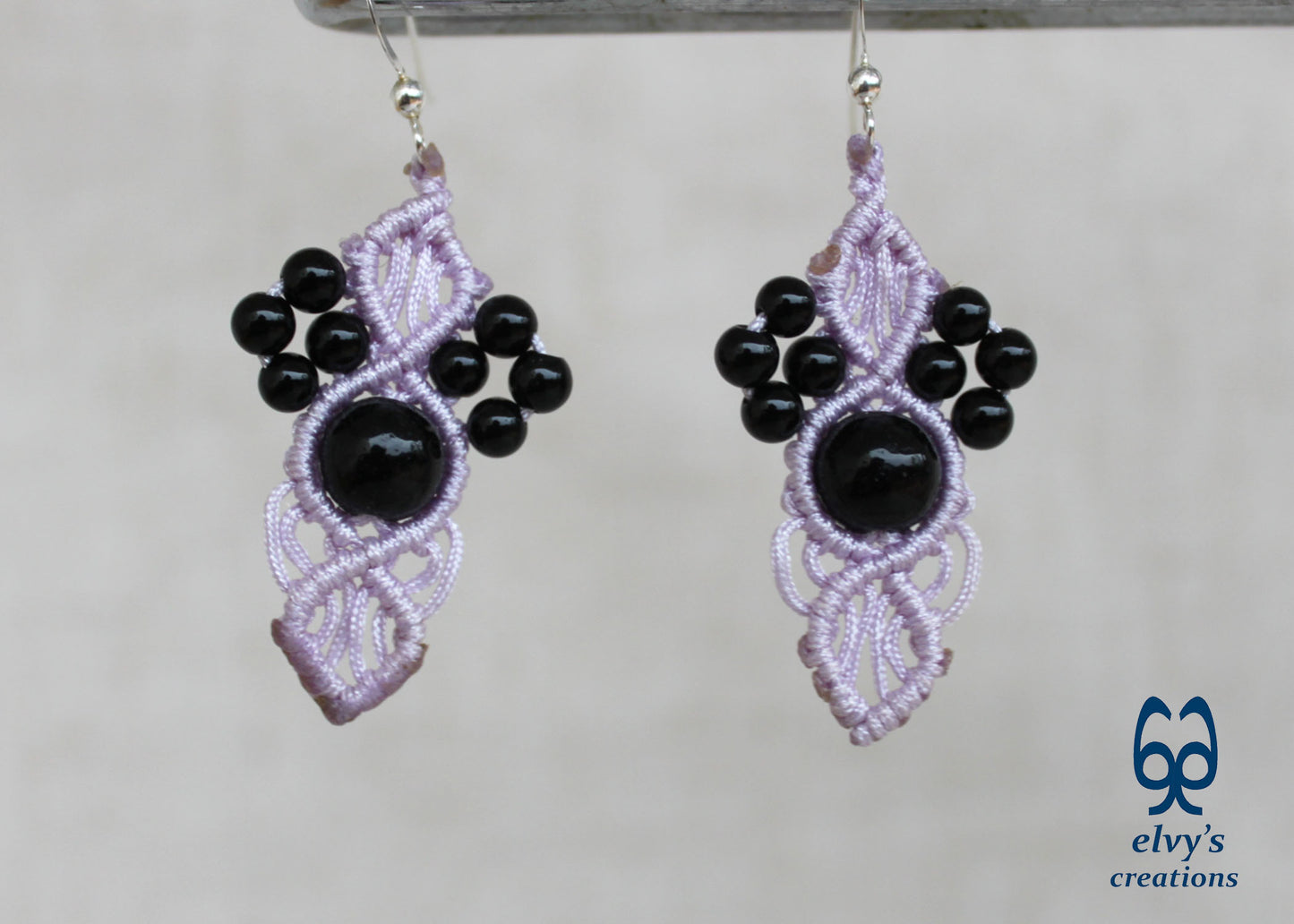 Handmade Grey Macramé Earrings with Black Onyx Gemstones, Silver Macramé Bohemian Earrings