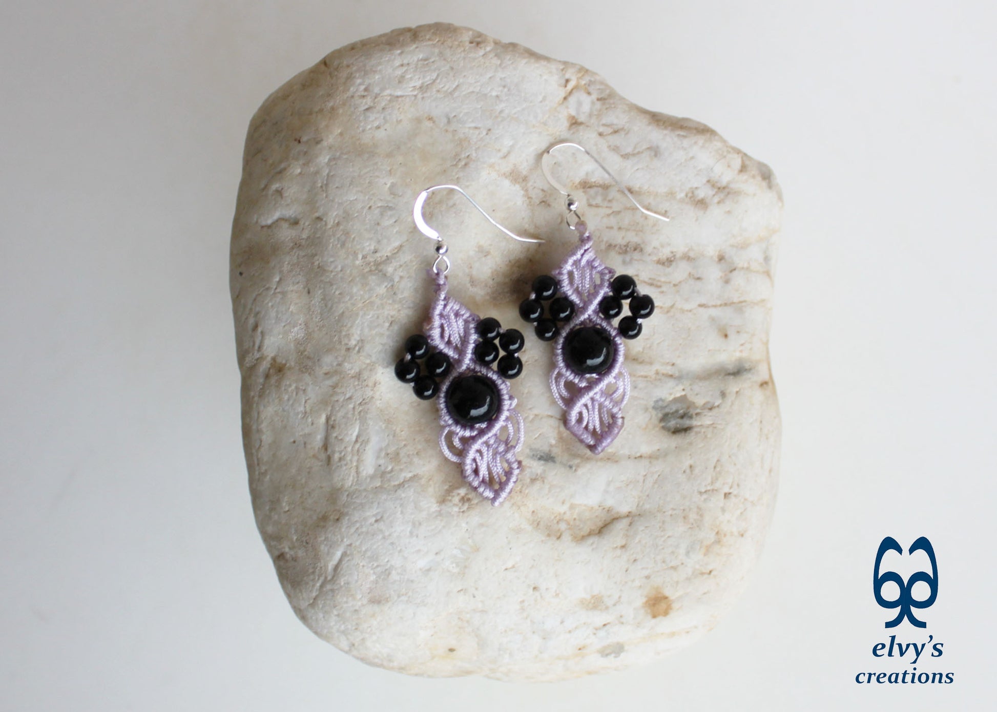 Handmade Grey Macramé Earrings with Black Onyx Gemstones, Silver Macramé Bohemian Earrings