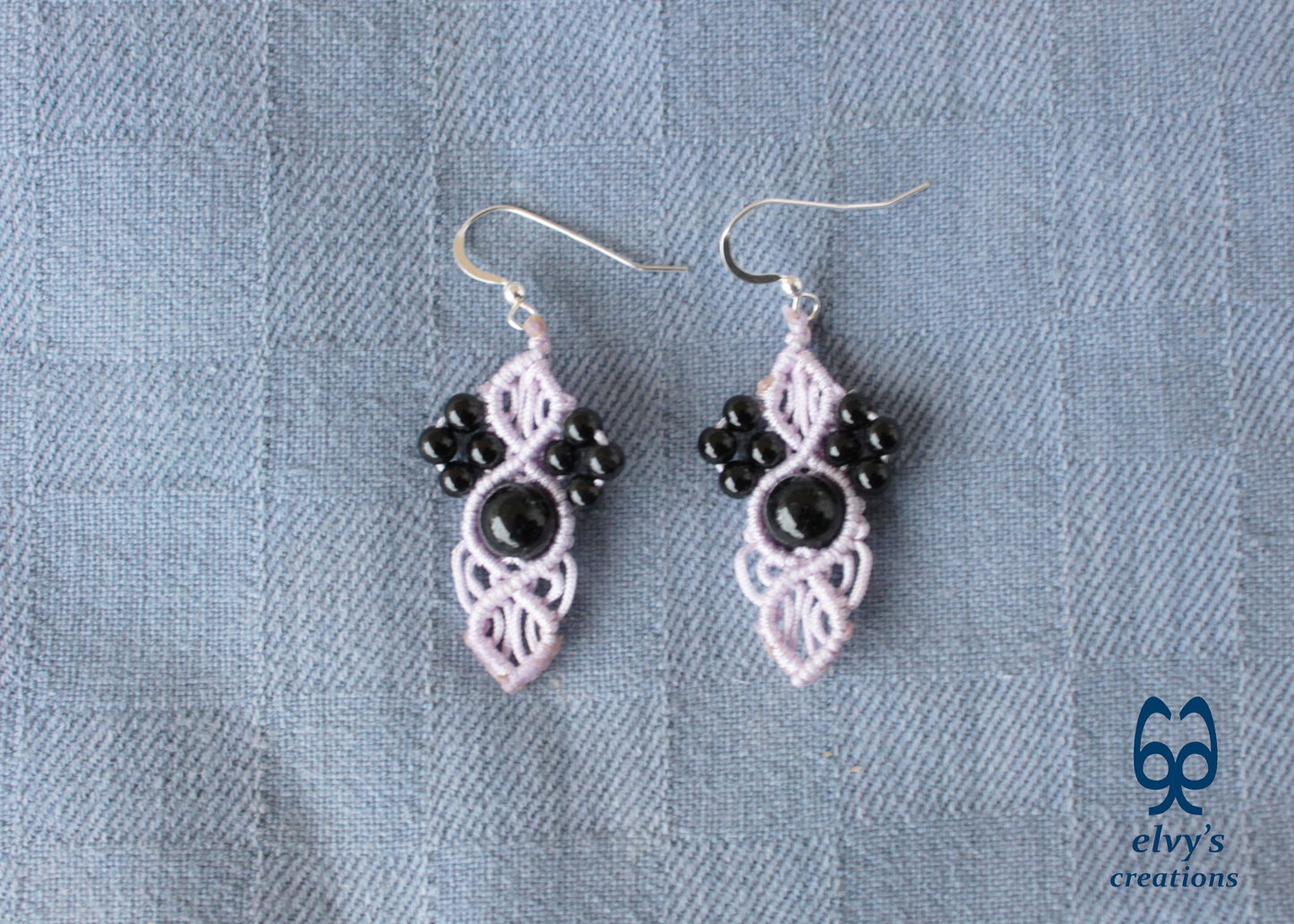 Handmade Grey Macramé Earrings with Black Onyx Gemstones, Silver Macramé Bohemian Earrings