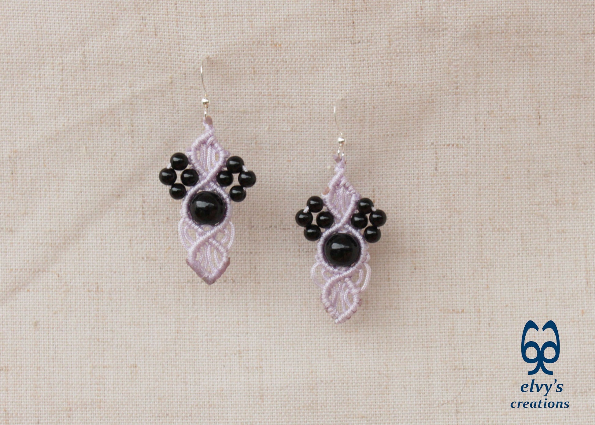 Handmade Grey Macramé Earrings with Black Onyx Gemstones, Silver Macramé Bohemian Earrings