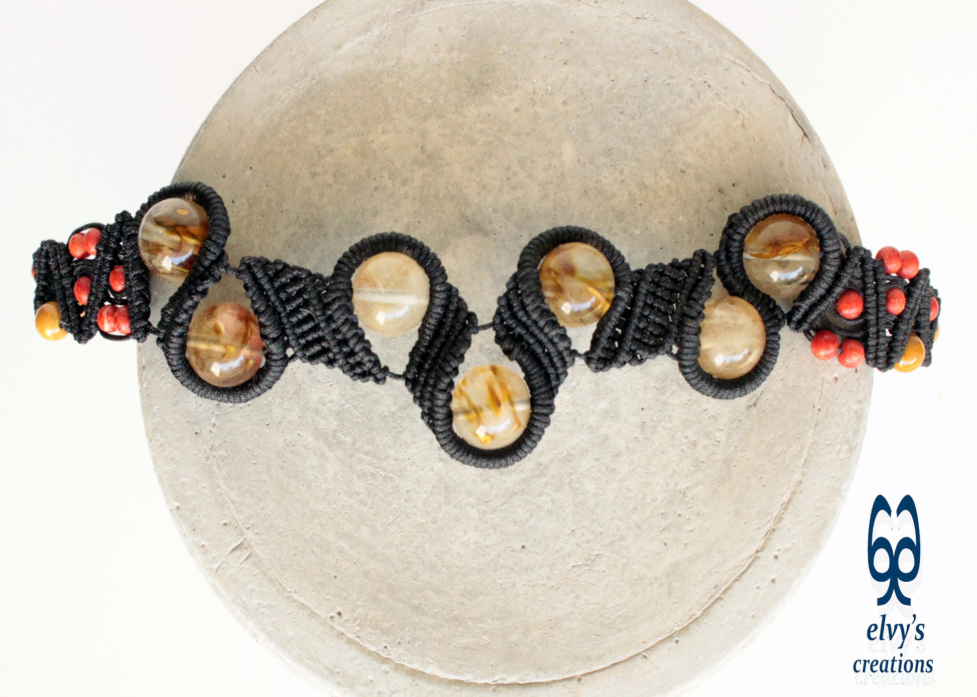 Black Macrame Crystal, Coral and Agate Natural Gemstones Adjustable Choker